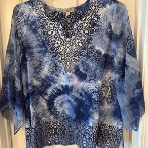 Women’s One World sheer lined tunic top rhinestone studded neck area size lg